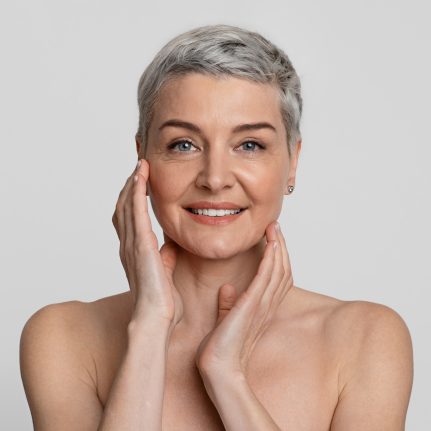 mature woman smiling, touching face