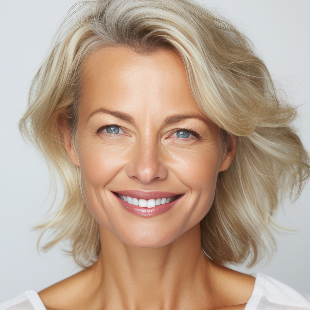 Middle-aged female model with light blond hair