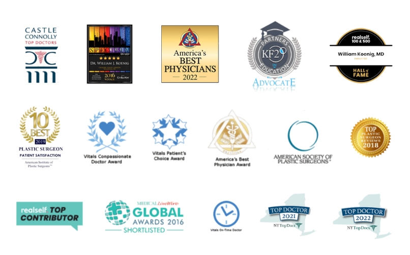 Dr. Koenig's awards include: Castle Connolly Top Doctors ,Spectrum 2016 Winner ,America's Best Physicians 2022 ,KF2 Education Advocate ,Realself 100 & 500 Hall of Fame ,2019 10 Best Plastic Surgeon – Patient Satisfaction Award - American Institute of Plastic Surgeons ,Vitals Patient's Choice Award ,Vitals Compassionate Doctor Award ,America's Best Physicians Award ,American Society of Plastic Surgeons membership ,Realself Top Contributor ,Global Awards 2016 Shortlisted ,Vitals On-Time Doctor Award ,Top Doctor 2021 by NY Top Docs ,Top Doctor 2022 by NY Top Docs ,Top Plastic Surgeon Reviews 2018