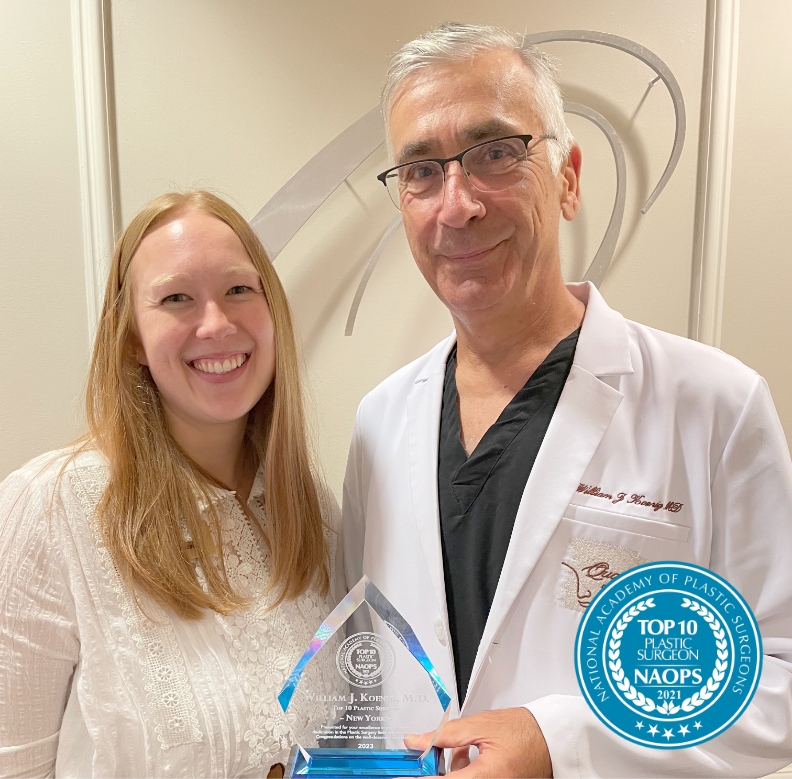 Dr. Koenig with 10 Best Plastic Surgeons of NY award, pictured alongside his patient consultant, Bridget.