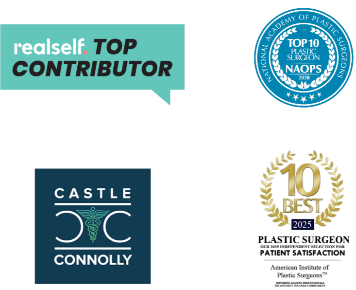 Dr Lee award logos including realself Top Contributor, To 10 Plastic Surgeon NAOPS 2020, Castle Connolly, & 10 Best Plastic Surgeon 2025 - Patient Satisfaction